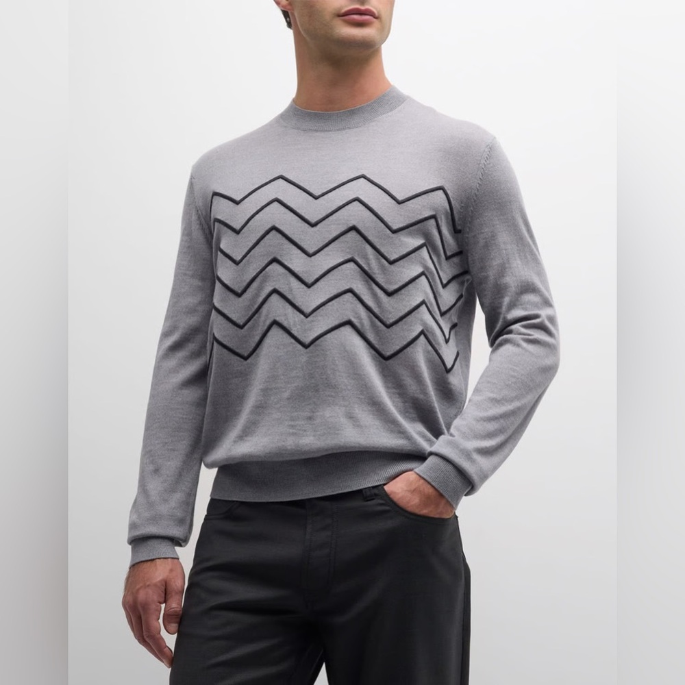 Emporio Armani  Embroidered Zigzag Wool Sweater – Gray Crewneck